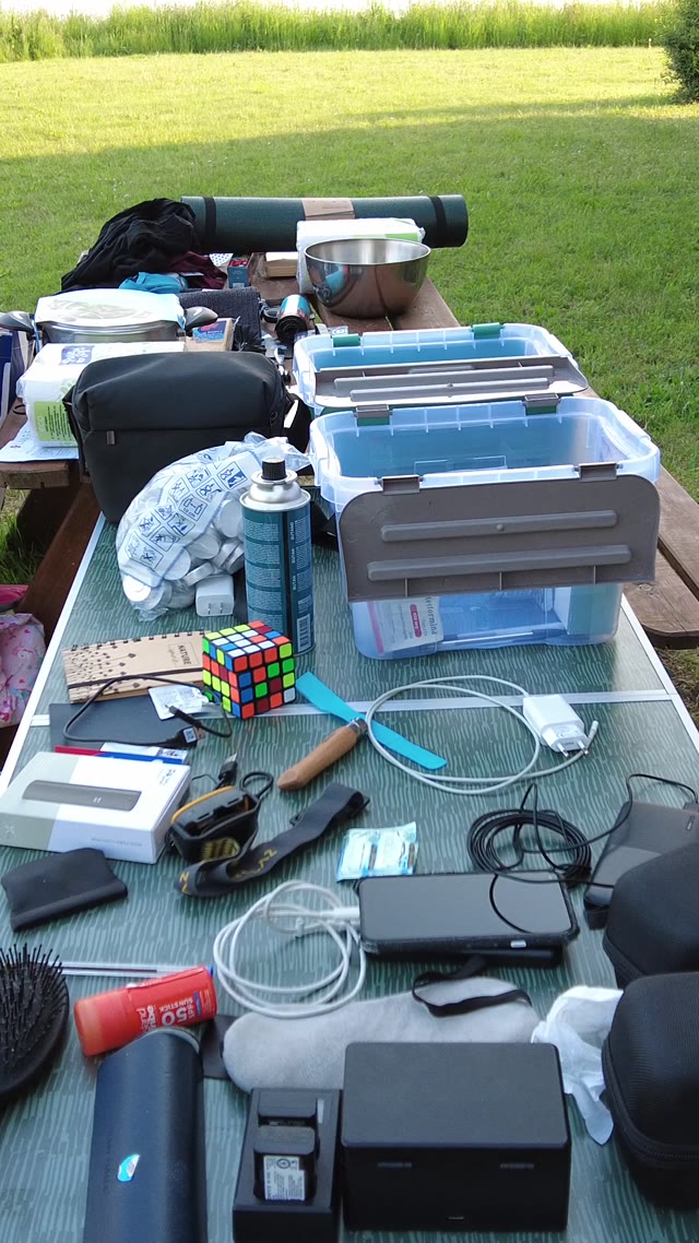 setting up equipment · outdoor grassy area