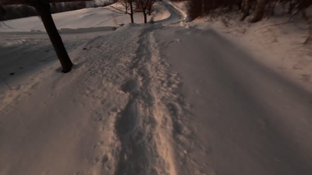 walking on snow · snowy path in a rural area